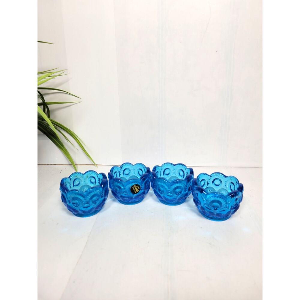 4 Vintage L.E. Smith Moon and Star Blue Salt Cellars Dips Pressed Glass Set